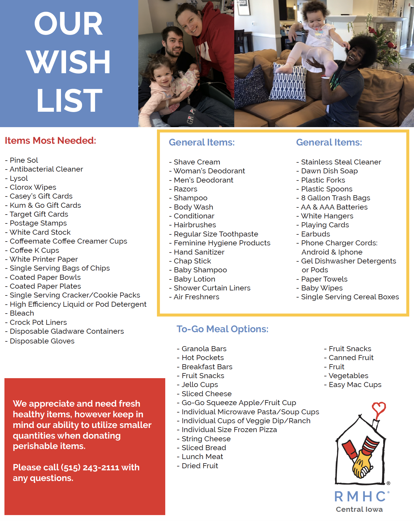 Ronald McDonald House Central Iowa Wish list